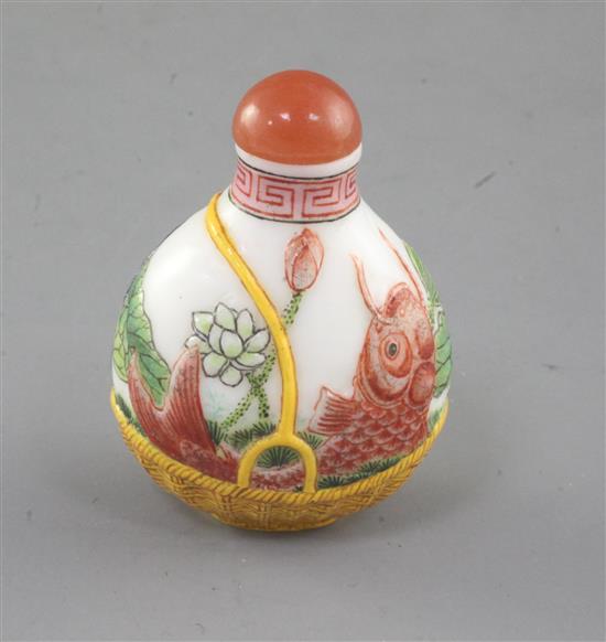 A Chinese enamelled white glass snuff bottle, height 5.1cm excl. stopper